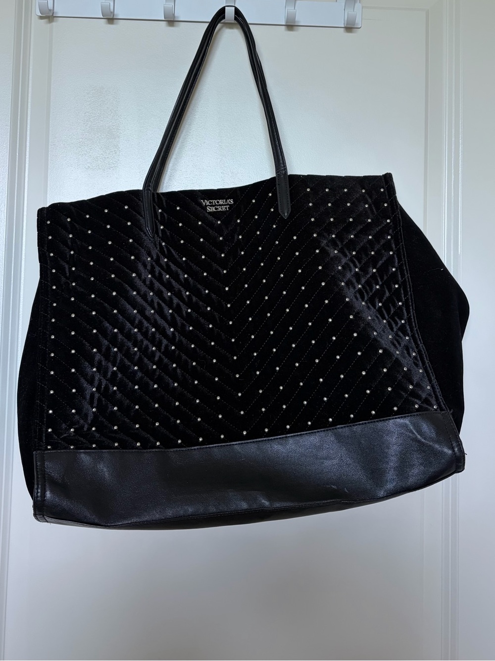 Victoria's Secret Black Quilted Velvet Tote with Stud Accents